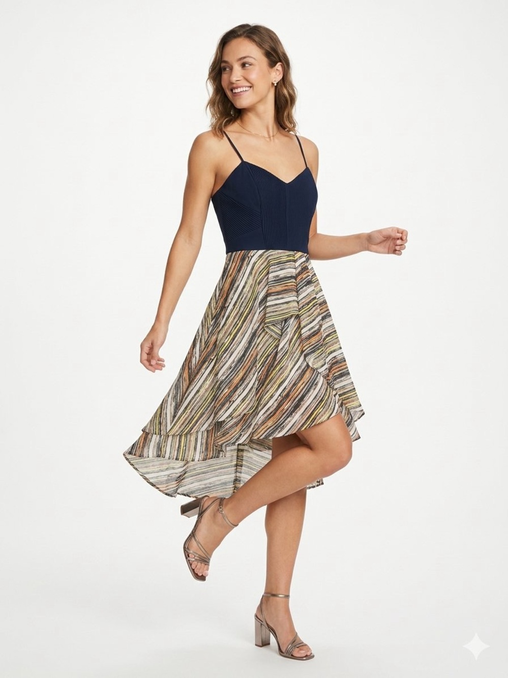 Sam Edelman Navy Bodice High-Low Dress with Multicolor Carwash Skirt